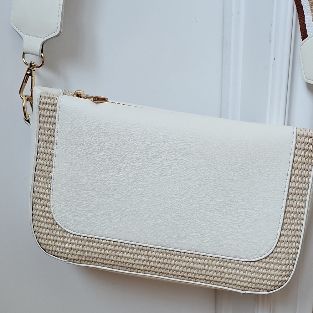 Cejon White and Tan Crossbody Bag with Textured Trim